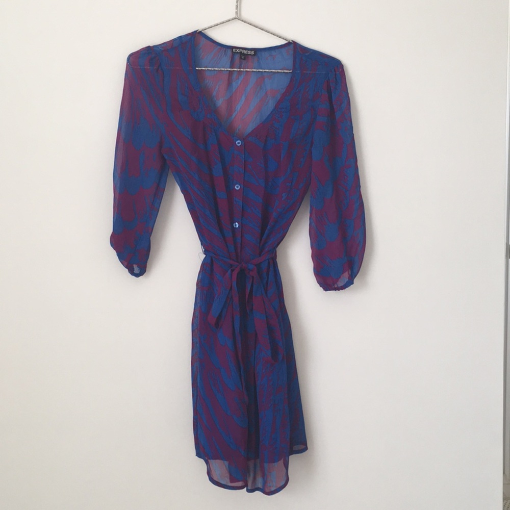 Express purple and blue sheer layered shirt dress
